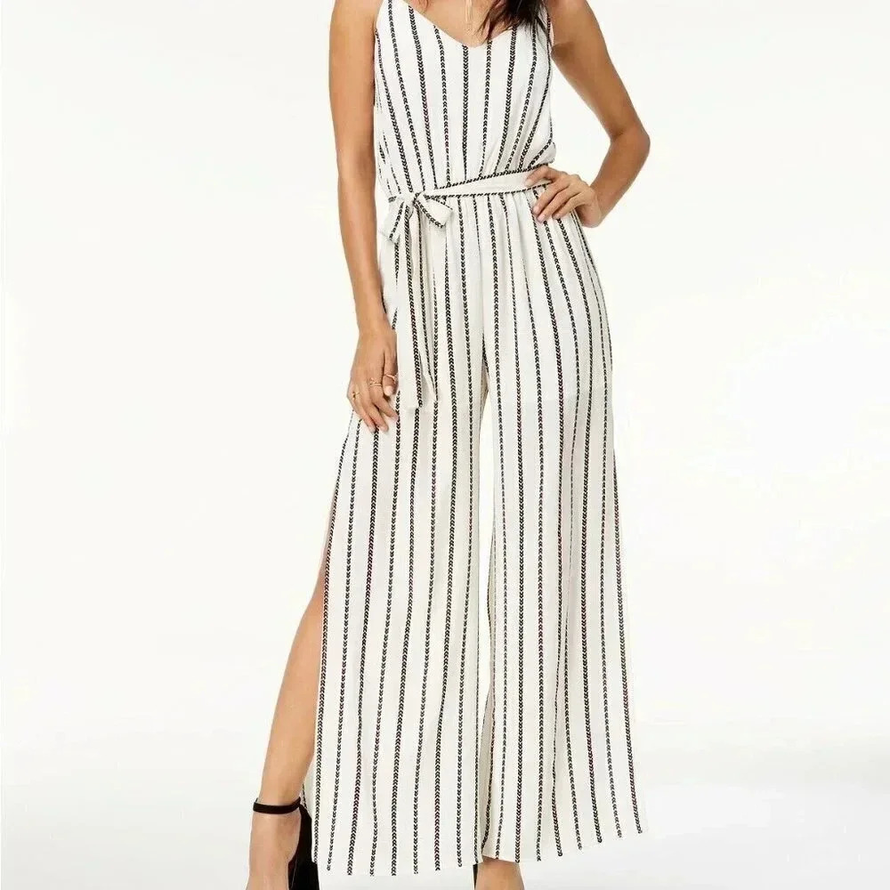 One Clothing Los Angeles Juniors' Belted Striped Jumpsuit Ivory/Black